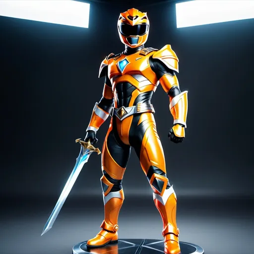 Prompt: A photorealistic orange power ranger with a metal armor and a sword standing on a base. UHD. Full body.