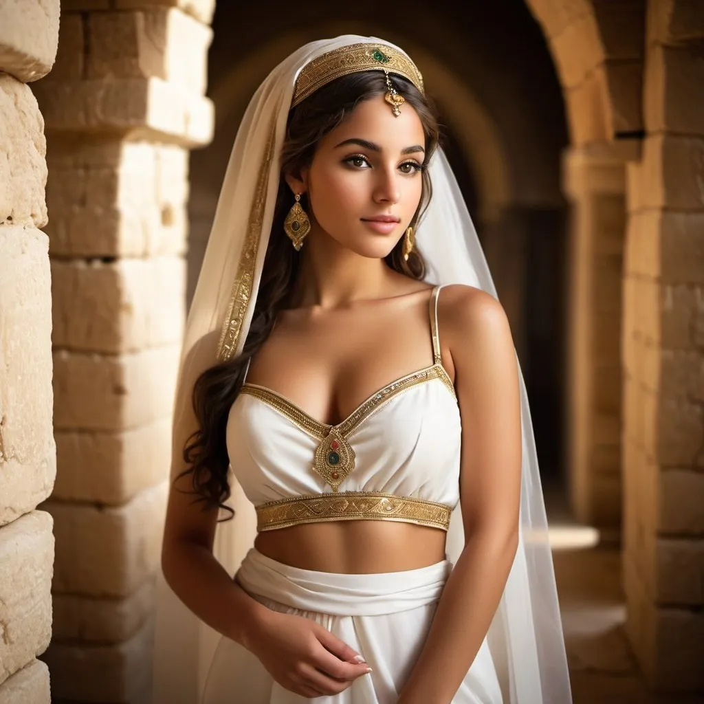 Prompt: 18 year old Ancient Israelite Bride, feminine, innocent, babyface, olive skin, big chest, C cup, big rump, slim thick, short girl, cute girl, superreal, no contrast, soft shadows, sharp focus, full body, realistic face, Jerusalem, dramatic lighting, bright color tones