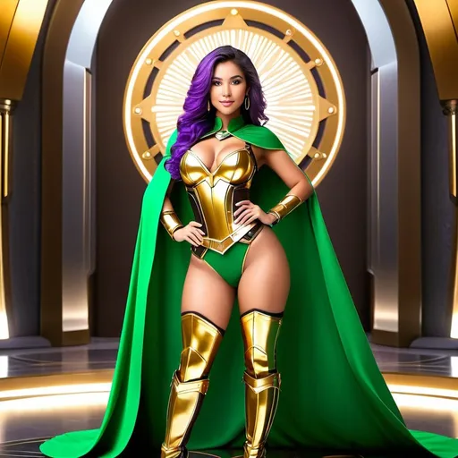 Prompt: 18 year old mix of Levantine Arab, Filipina, Latina, and Slavic girl, innocent, feminine, babyface, cute girl, olive skin, curvy body, hourglass figure, full body, high definition, 8k, detailed, realistic face, Giant woman, green hair, purple eyes, wearing golden body armour, wearing green cape in golden Sci fi throne room