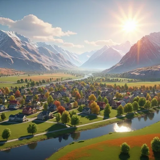 Prompt: a suburban town landscape of all colors. With the sun, mountains, trees, rivers, and fields. uhd. realistic.
