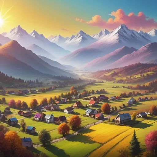 Prompt: a town landscape full of colours. With the sun, mountains, and fields. uhd. realistic. Aerial shot. Bob Ross style painting.
