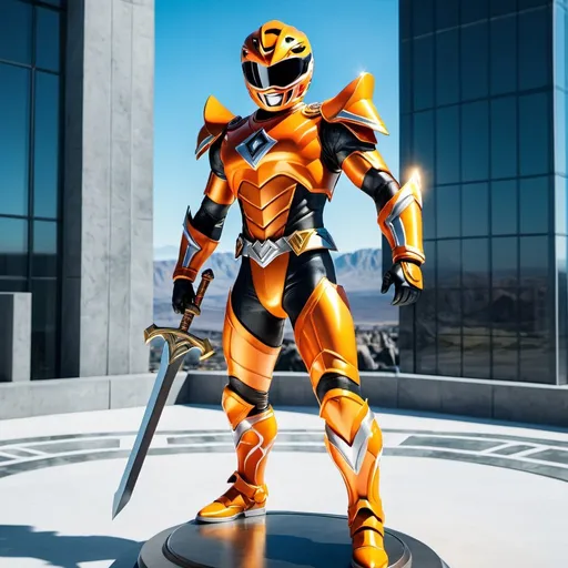 Prompt: A photorealistic orange power ranger with a metal armor and a sword standing on a base. UHD. Full body.