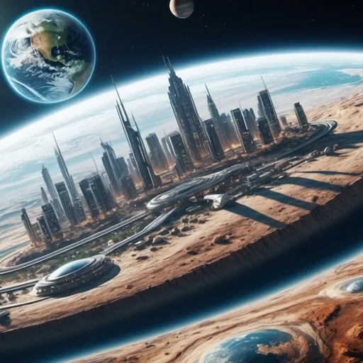 Prompt: A futuristic city on the surface of planet Jupiter. With a view of planet Earth. Aerial shot. Realistic. UHD. 