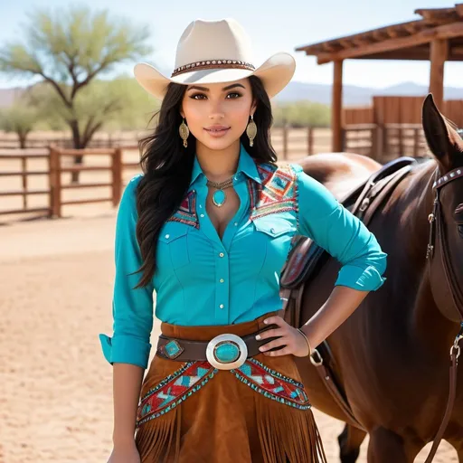 Prompt: 18 year old mix of Levantine Arab, Filipina, Latina, and Slavic girl, innocent, feminine, babyface, short girl, cute girl, black hair, black eyes, olive skin, curvy body, hourglass figure, full body, high definition, 8k, detailed, realistic face , southwestern attire, detailed face, turquoise jewelry, horse corral, high-res photo, detailed clothing, warm tones, professional lighting, American southwestern setting, intricate diamond face, fringe details, white Stetson hat, suede boots, suede pencil skirt, red checked shirt, suede vest, turquoise belt buckle, bead & leather details, horse corral scene, professional photography, natural daylight
