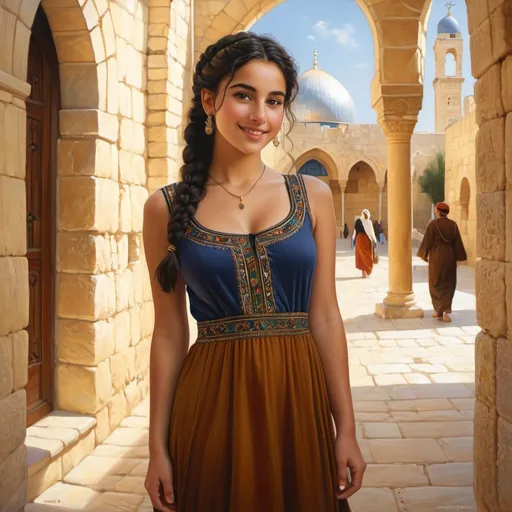 Prompt: 18 years old Mizrahi Jewish girl, olive skin, freckles, black hair, pigtails, brown eyes, traditional Mizrahi dress, Old Jerusalem, photorealistic, curvy body, full body, extremely detailed painting by Greg Rutkowski by Steve Henderson