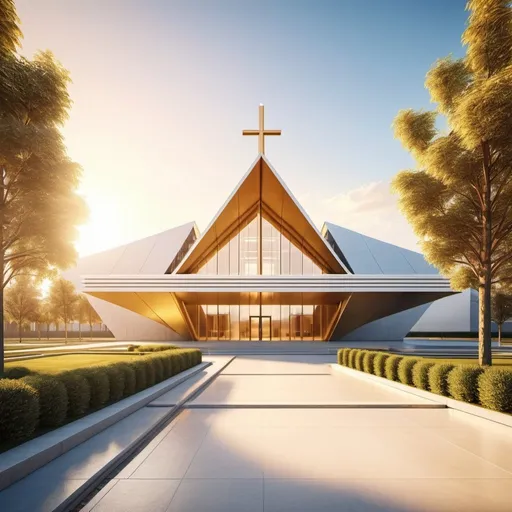 Prompt: Modern Christian Church architecture at an Evangelical Protestant Christian University, futuristic design, golden hour lighting, 3D rendering, modern design patterns, high quality, ultra-detailed, modern civilization, futuristic, large church building, lush courtyard, no images and statues, 3D rendering, golden hour lighting