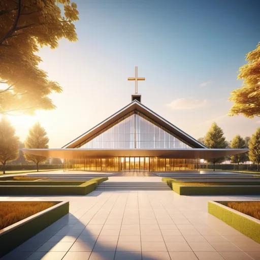 Prompt: Modern Christian Church architecture at an Evangelical Protestant Christian University, futuristic design, golden hour lighting, 3D rendering, modern design patterns, high quality, ultra-detailed, modern civilization, futuristic, large church building, lush courtyard, no images and statues, 3D rendering, golden hour lighting