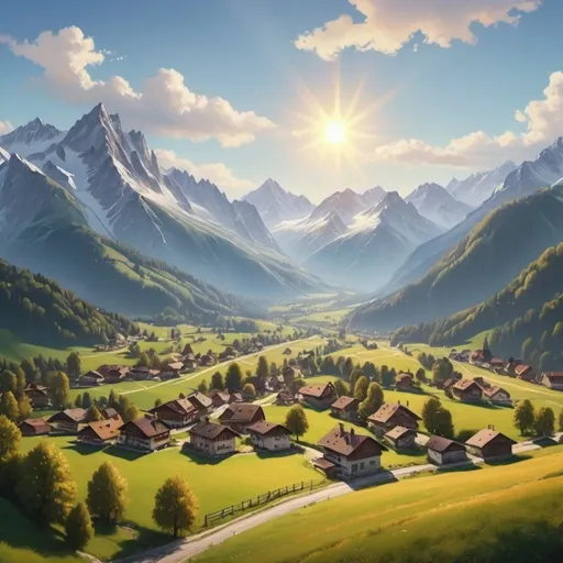 Prompt: a town landscape in the Alps. With the sun, mountains, and fields. uhd. realistic. Aerial shot. Bob Ross style painting.
