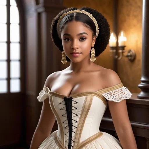 Prompt: Juliet Capulet as an 18 year old African American girl, innocent, feminine, babyface, short girl, cute girl, black hair, black eyes, curvy body, hourglass figure, full body, photoshoot, 8k, high definition, detailed, realistic face, 19th century setting.