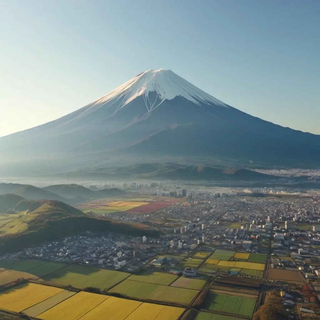 Prompt: a town landscape of all colors. At the foot of Mt. Fuji in Japan. With the sun and fields. uhd. realistic. Aerial shot.
