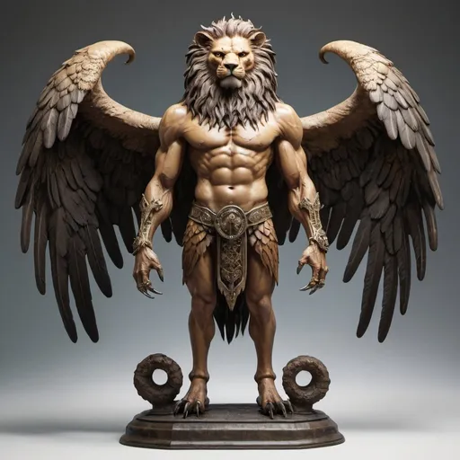 Prompt: A creature with a human form, a lion face, a long ox tail, ox horns, eagle wings, ox legs, eagle claws.  Standing on a base