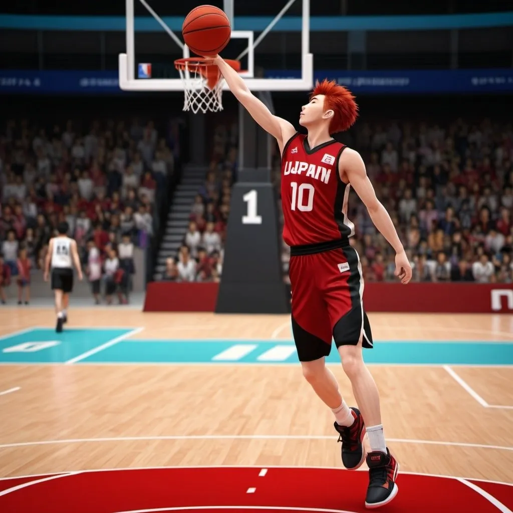 Prompt: Red-haired Male Japanese Basketball player with a red and black jersey number 10. Full body, red shoes, 6 feet tall, 20 years old, realistic, uhd, basketball court, going for a dunk.
