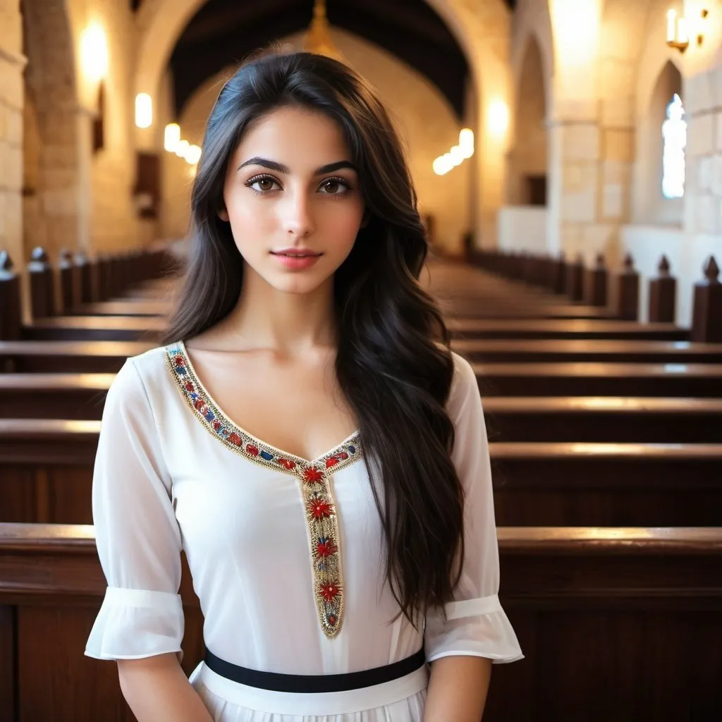 Prompt: 18 year old mix of Levantine Arab, Armenian, Ashkenazi Jewish, and Filipina girl, Christian, feminine, white skin tone, innocent, babyface, perfect body, hot girl, long dark hair, superreal, no contrast, soft shadows, sharp focus, full body, church, Jerusalem, dramatic lighting, bright color tones