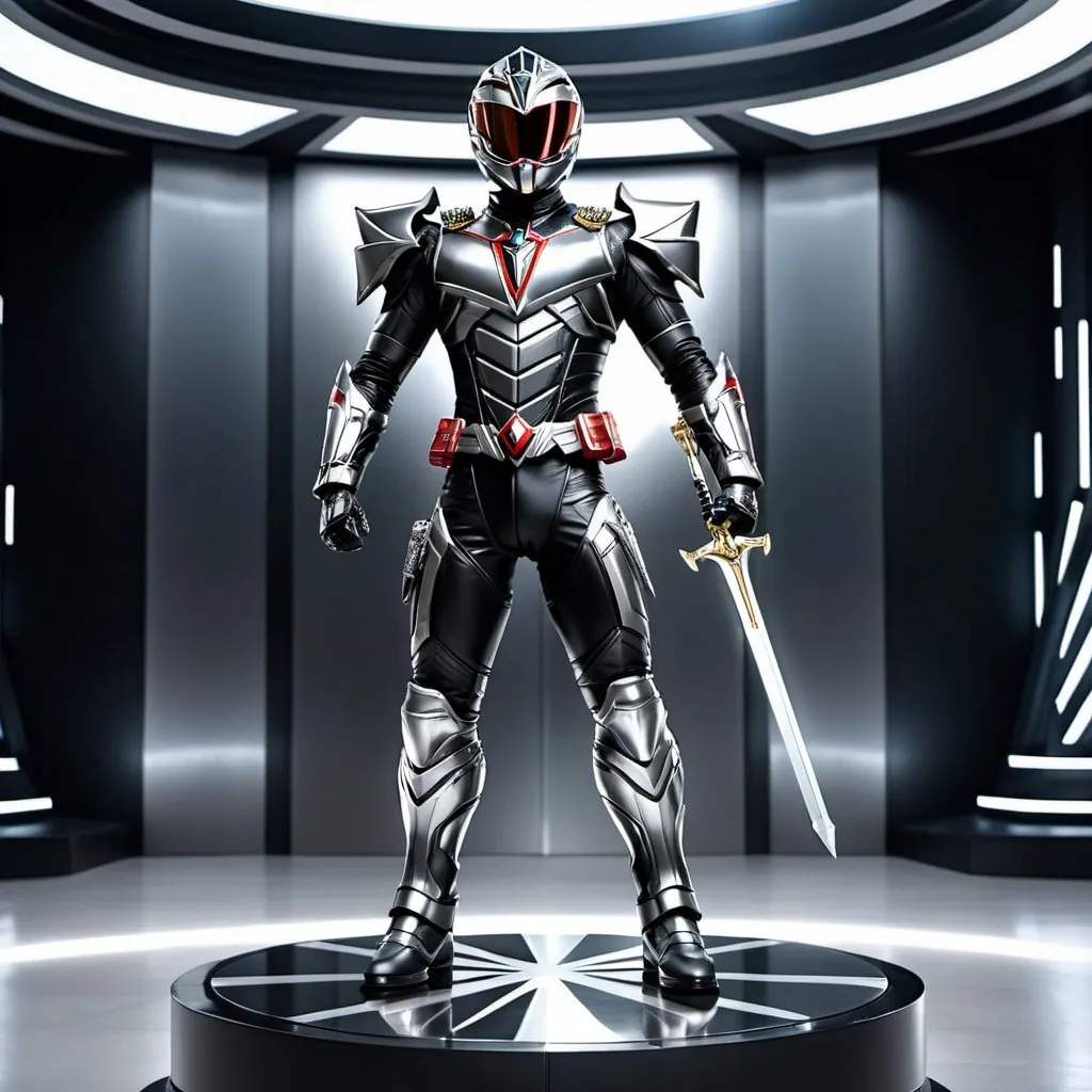 Prompt: A photorealistic mix of kamen rider and power ranger with a black and silver futuristic metal armor and a sword standing on a base. UHD. Full body.