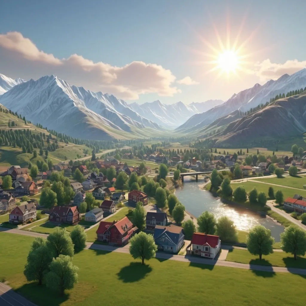 Prompt: a suburban town landscape of all colors. With the sun, mountains, trees, rivers, and fields. uhd. realistic.
