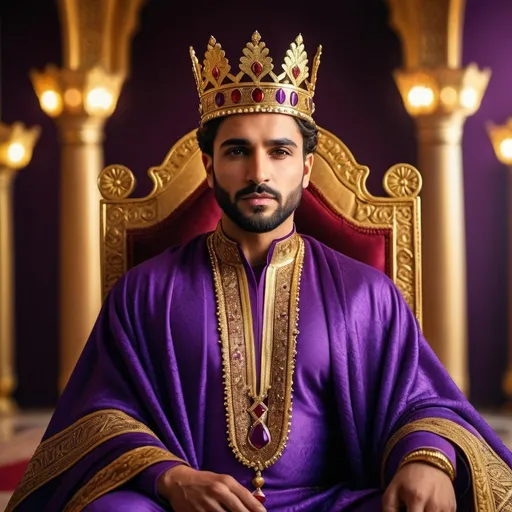 Prompt: A photo of a Middle Eastern King with opulent gold, red, and purple tones, regal crown and robe, majestic throne, detailed facial features, short hair, luxurious palace setting, textured , warm and soft lighting, high quality, regal, opulent, royal purple, gold accents, realistic, 4d, uhd, majestic, luxurious palace, warm lighting, detailed facial features.
