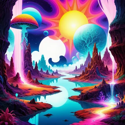 Prompt: Psychedelic fantasy landscape, vibrant and surreal colors, mystical atmosphere, detailed and intricate patterns, high quality, fantasy, vibrant colors, detailed patterns, surreal, mystical atmosphere, otherworldly, colorful, atmospheric lighting