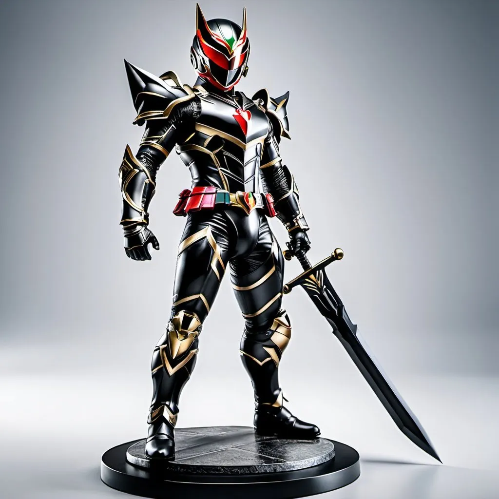 Prompt: A photorealistic Kamen Rider Black with a metal armor and a sword standing on a base. UHD. Full body.