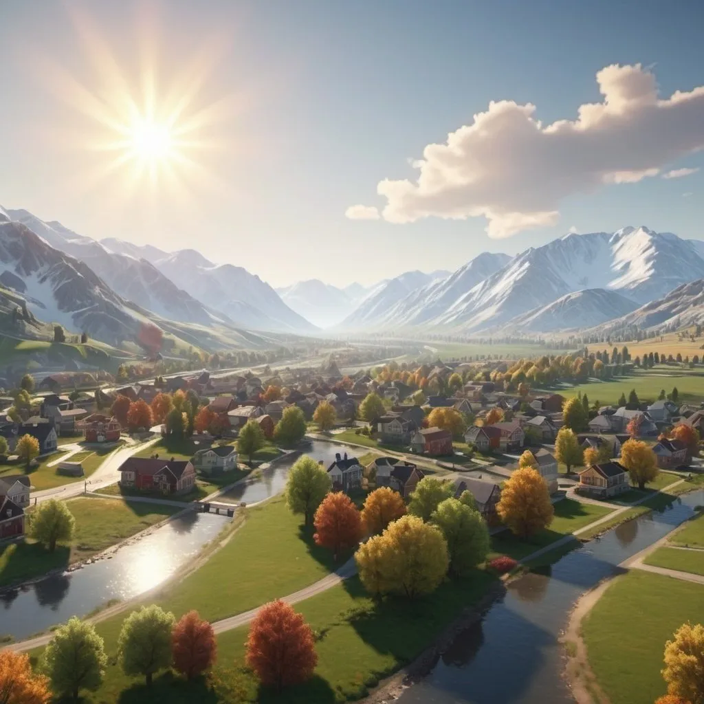 Prompt: a suburban town landscape of all colors. With the sun, mountains, trees, rivers, and fields. uhd. realistic.
