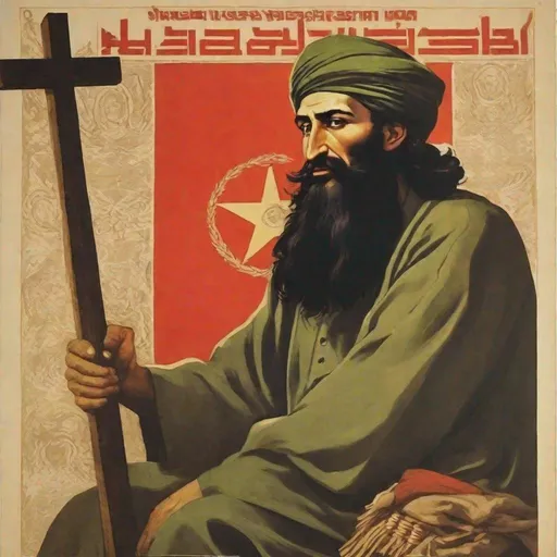 Prompt: Russian propaganda poster from the cultural revolution, portrait of a Osama bin laden with black beard who is holding cross