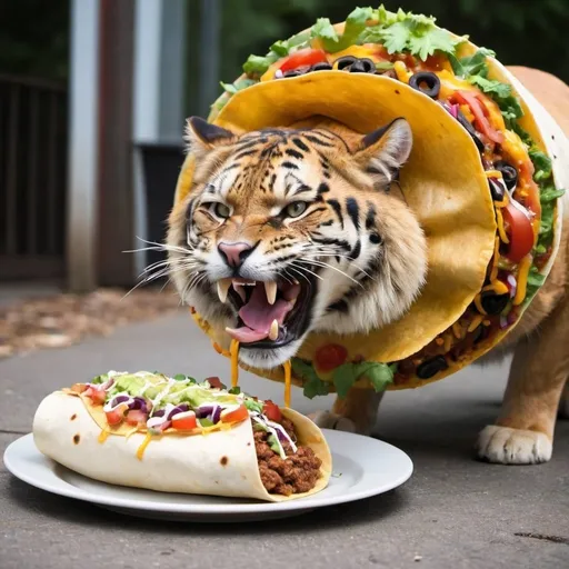 Prompt: big cat eating a giant taco