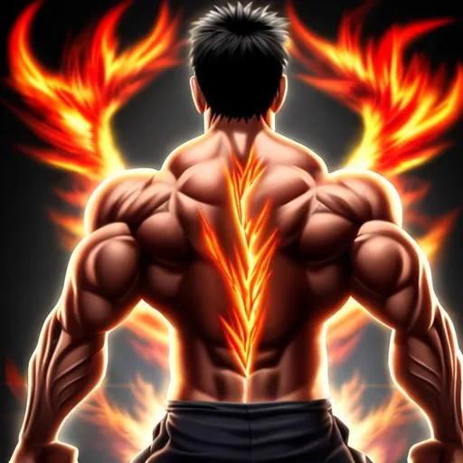 Prompt: Extremely muscular man turning his back to the screen with fire in his hands in anime style
