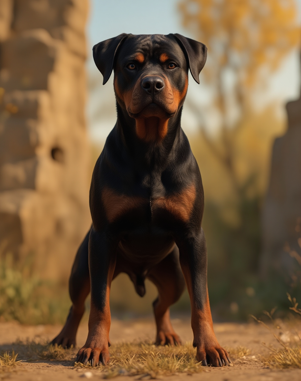 Prompt: full body shot front view of Pixar art style A female adult Rottweiler. slender, pixar eyes and angry face to viewer, background is a suitable beautiful scene
