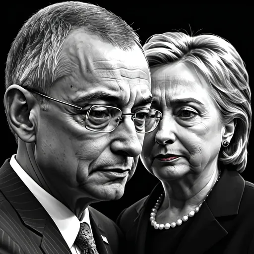 Prompt: Detailed and emotional digital painting of a somber John Podesta's face, Hillary Clinton spanking him, tearful expression, high-quality digital painting, emotional, dramatic lighting, realistic style, grayscale tones, political, emotional expression, detailed facial features, intense emotions