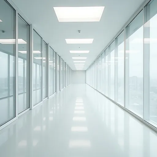 Prompt: an empty long white office hallway with glass walls