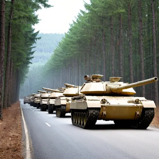 Prompt: a line of tanks going up a road in a forest.