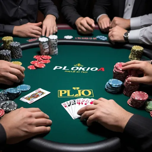 Prompt: Make table of poker with a lot of chips and title only plo