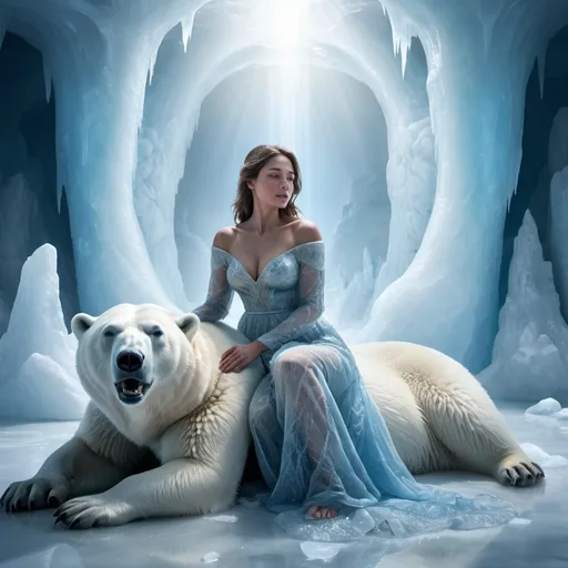 Prompt: Dibuja a una mujer sentada en un trono de hielo, ella tiene a una foca bebe en su regazo, a su lado hay un oso polar enorme protegiendo a la chica.