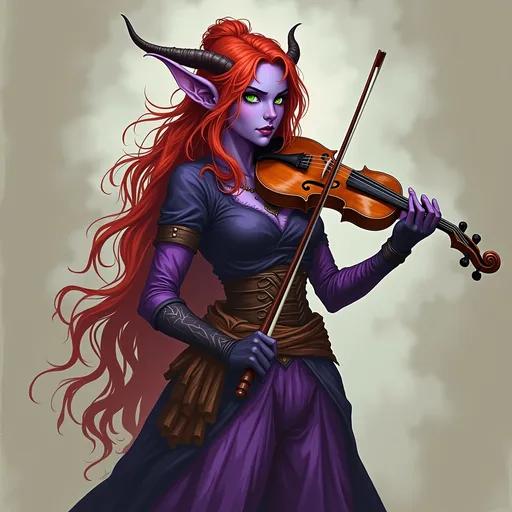 Prompt: make a medium build, green-eyed female tiefling with red hair, with light purple skin, holding a fiddle and dressed like d&d bard