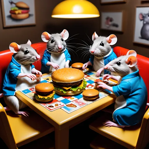 Prompt: 6 rats sitting eating burgers and playing board games