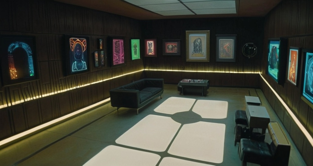 Prompt: a room with a bunch of different colored lights on the walls and a bunch of pictures on the walls, Aquirax Uno, symbolism, the fifth element artifacts, concept art