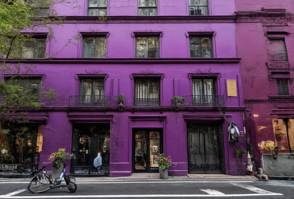 Prompt: rue de New-York bâtiment violet, détails sur la facade riche