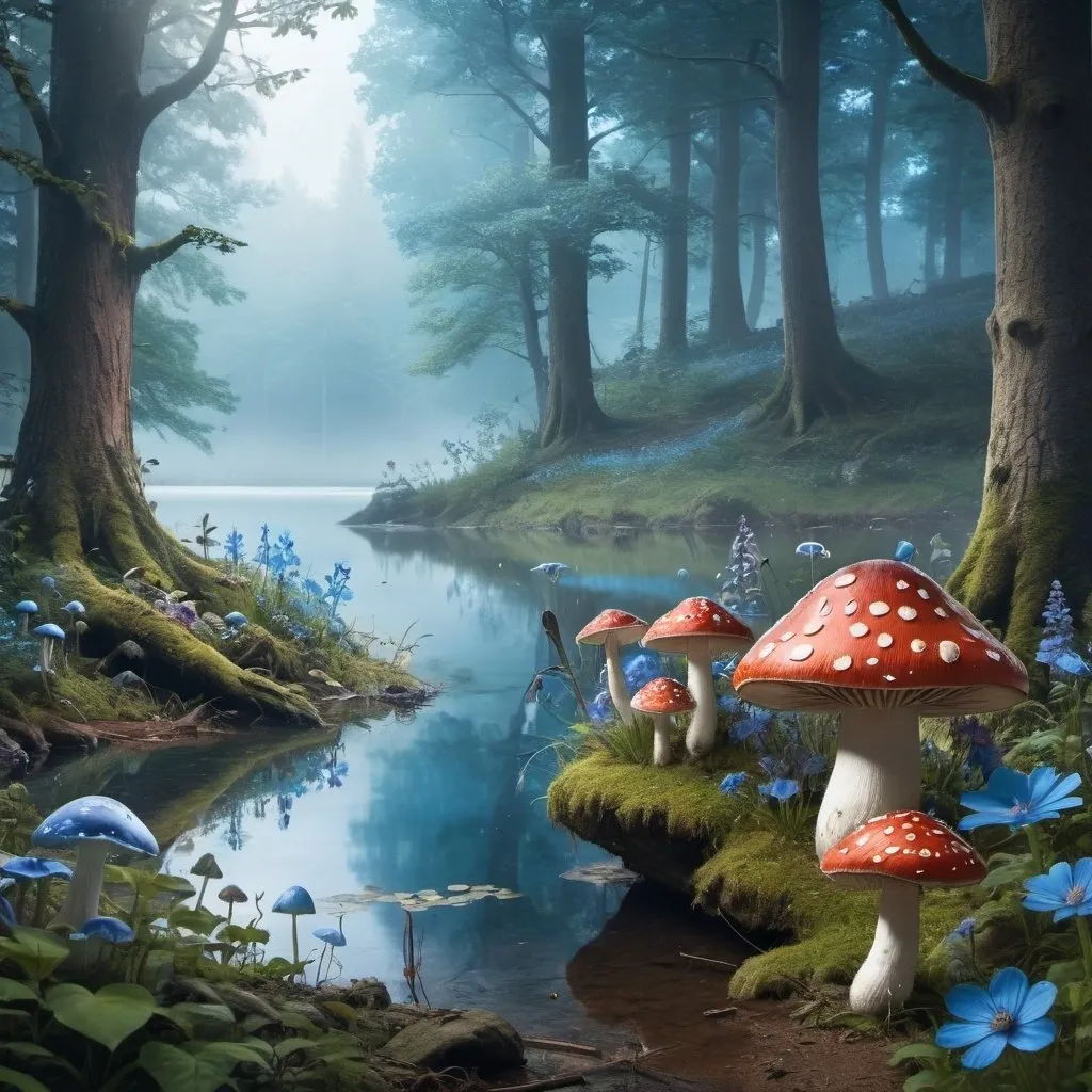 Prompt: a mysterious forest next to a lake, mystical creatures with blue flowers, and toadstools