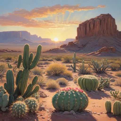 Prompt: Sunset in a deset, small shrubs and cacti, dappled light on buttes , Angel floats above buttes