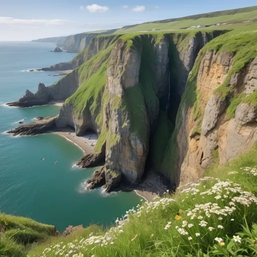 Prompt: Tall cliffs, waterfall, ocean bay, small flowers, green grass on cliffs.  Swallows fly, and rabbits play on bay