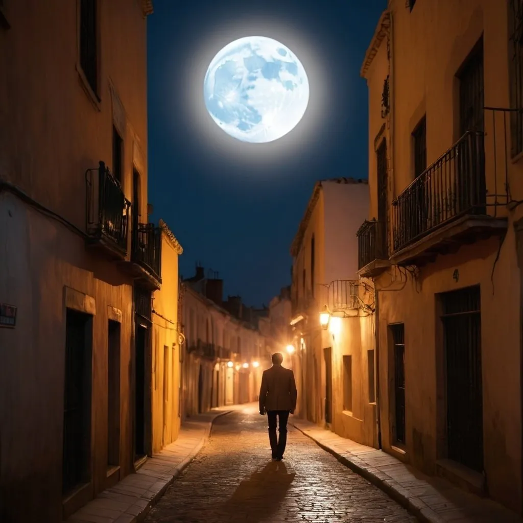 Prompt: Un hombre vagando por un callejón iluminado por la luna