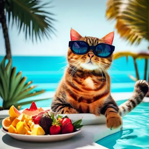 Prompt: I would like to create a picture of a cat having a good time by the pool on a tropical island, with palm trees and the ocean in the background. We can add a fruit platter along with some cocktails near the main subject (the cat) and also have the cat wear sunglasses. 