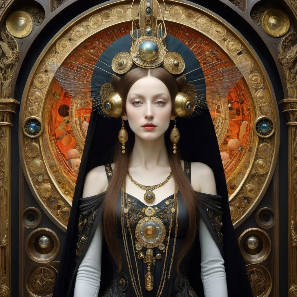 Prompt: Portrait Painting by Van Eyck,amazingly intricate,detailed background
 Klimt  style Painting by Otto Rapp,  Gustav Klimt and Alphonse_Mucha, in post apocalyptic wonderland, in heaven everything is fine by lady in the radiator and brothers quay, stopmotion cinema photograph by H.R. Giger, by Giuseppe Arcimboldo, Hieronymus Bosch, Art Nouveau, intricately detailed, hyperrealism, fantasy, academic painting, Bogomils Universe