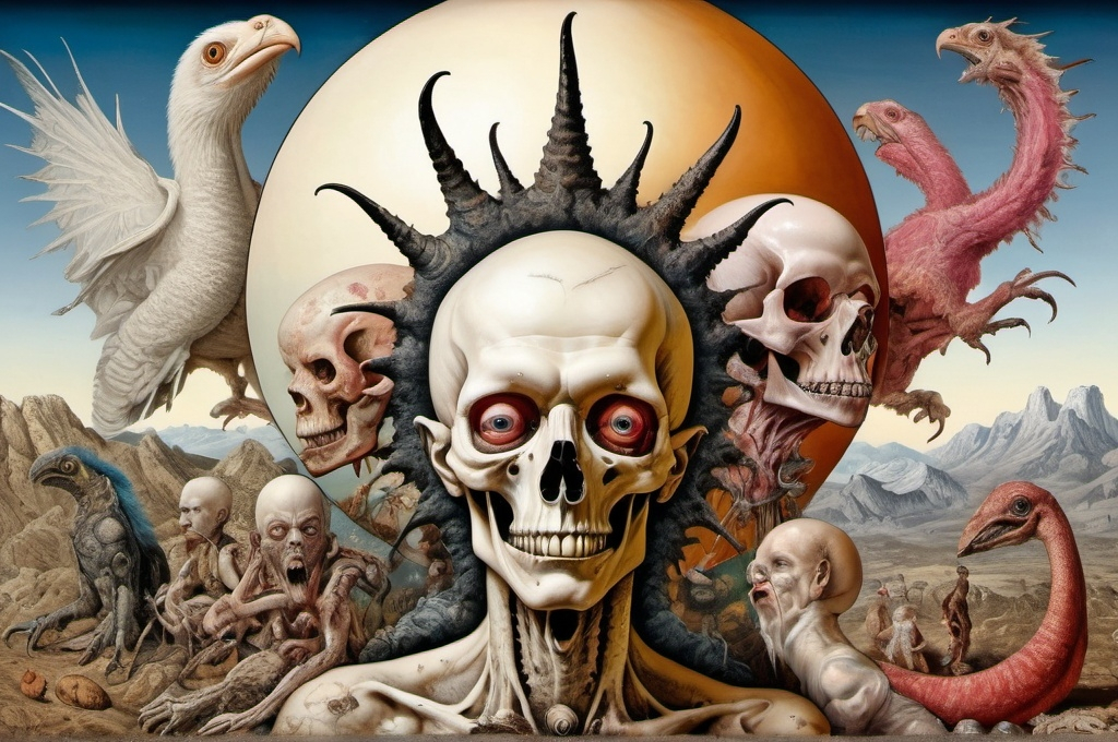 Prompt: The Albino Punker Prophets of the apocalypse || collage, surrealism, in the styles of otto rapp and emek and paulo cunha, intricately detailed, expansive, maximalist, mixed media, modern colors, epic, stunning, beautiful, magic realism, highest resolution, cryptid taxidermy in bogomils universe"