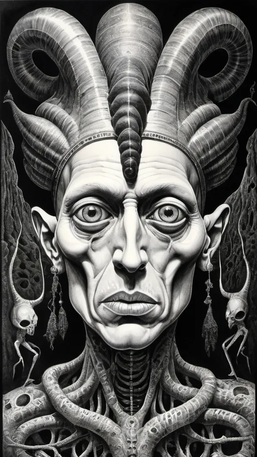 Prompt: DER GENUSS SPECHT glory portrait - Surreal Fantasy Drawing by the Mystic Otto Rapp under the Influence of funny bone extract with ayahuasca, inspired by  Ernst Fuchs, H.R. Giger and Beksinski, india ink on paper,  detailed strokes,  psychedelic collage, cryptid taxidermy in Bogomils Universe