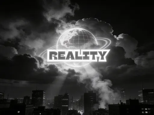 Prompt: A dark, cinematic night city skyline under heavy clouds, deep blacks and moody shadows. A massive glowing white holographic projection of the REALITY logo is beamed into the clouds like the Bat-Signal, sharp and high-contrast. The globe and ring are clearly visible, slightly distorted by rolling smoke and fog. Light rays pierce through the clouds, volumetric lighting, atmospheric haze. Buildings below are barely lit with small window lights. High contrast, minimal color, monochrome black and white, dramatic perspective, ultra-realistic, cinematic, 35mm film grain, epic scale, futuristic noir mood.