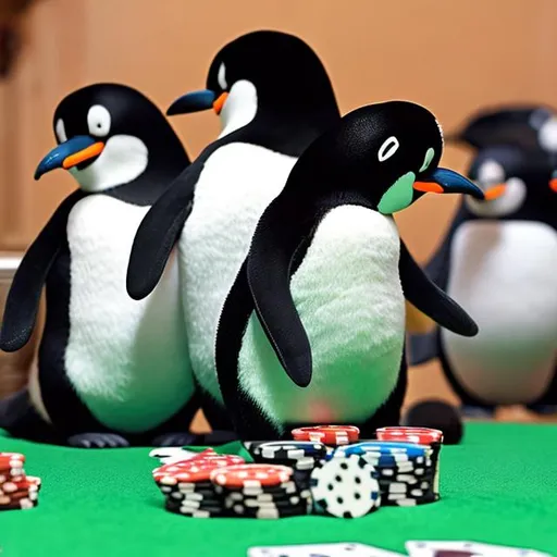 Prompt: pingüinos jugando poker