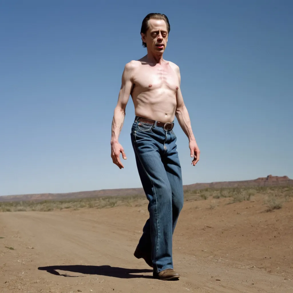 Prompt: steve buscemi is a muscular man with no legs, He walks around on his hands with his leg nubs in the air. He is from the great okla-zona
