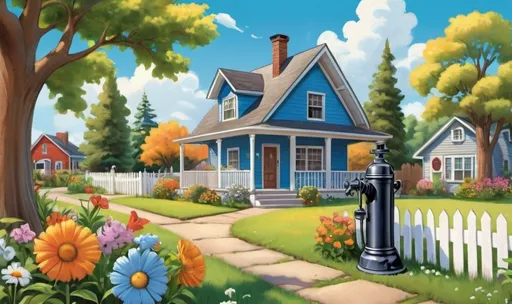 Prompt: cartoon of old fashion hand pump groundwater well with a residential house and yard in the background