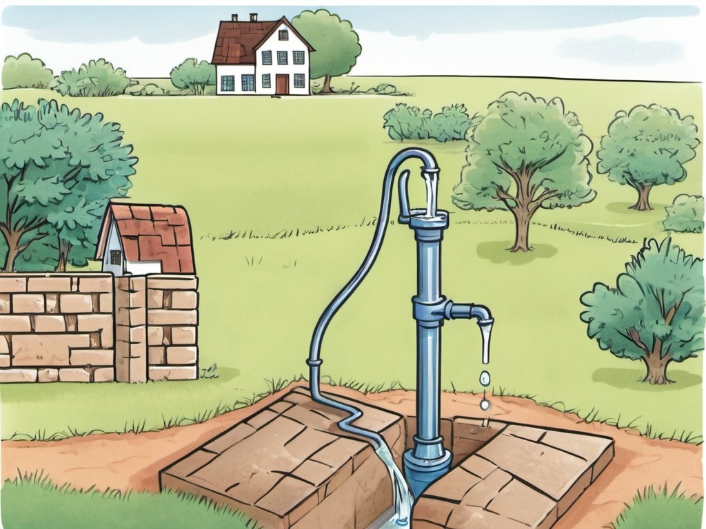 Prompt: cartoon of an old fashion groundwater well, house and yard in the background, emphasis on the well not the house, no water showing, 