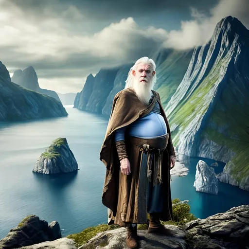 Prompt: a small old man with a crown of white hair, pale skin, visible veins, big belly, wizard garments, colorful clothing, high cliffs with a fjord in the background, fantasy, wind,